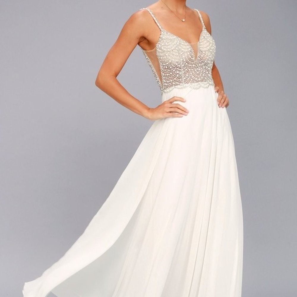 NWT Lulu's True Love White Beaded Rhinestone Maxi